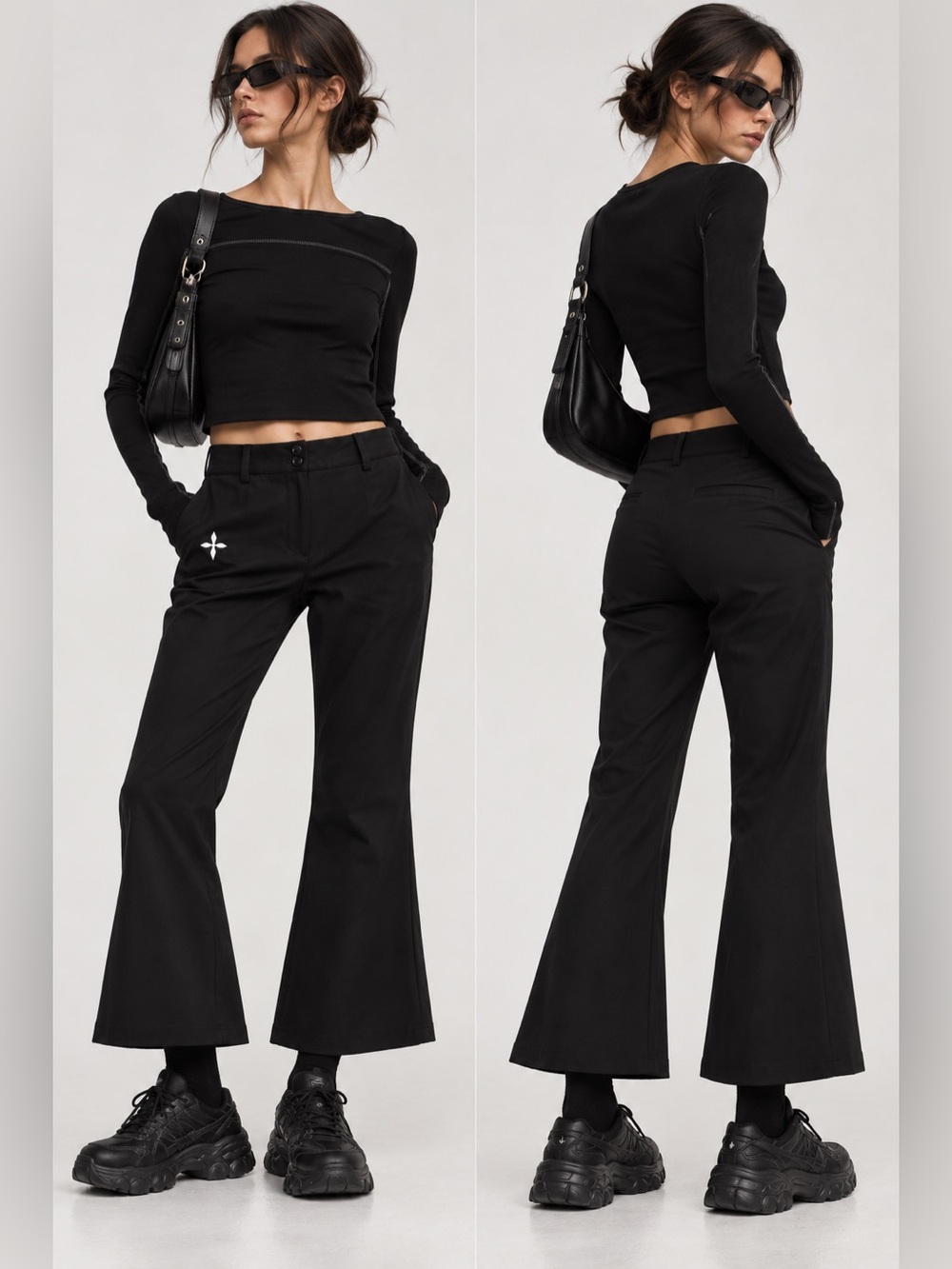 SMFK Black Flare Pants Size S Y2K Low Rise Logo Streetwear Cyber 2021 Cropped